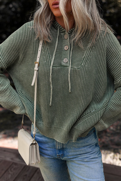 Mist Green Mineral Wash Ribbed Knit Button Drawstring Neck Hooded Sweater