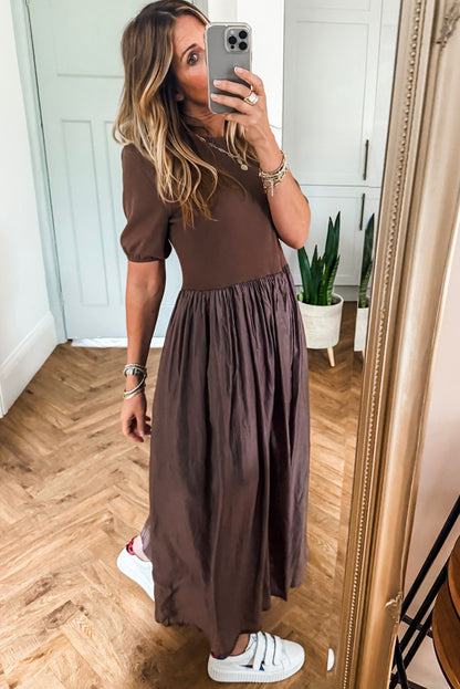 Coffee Short Sleeve Knit Top Patchwork Pleated Long Dress