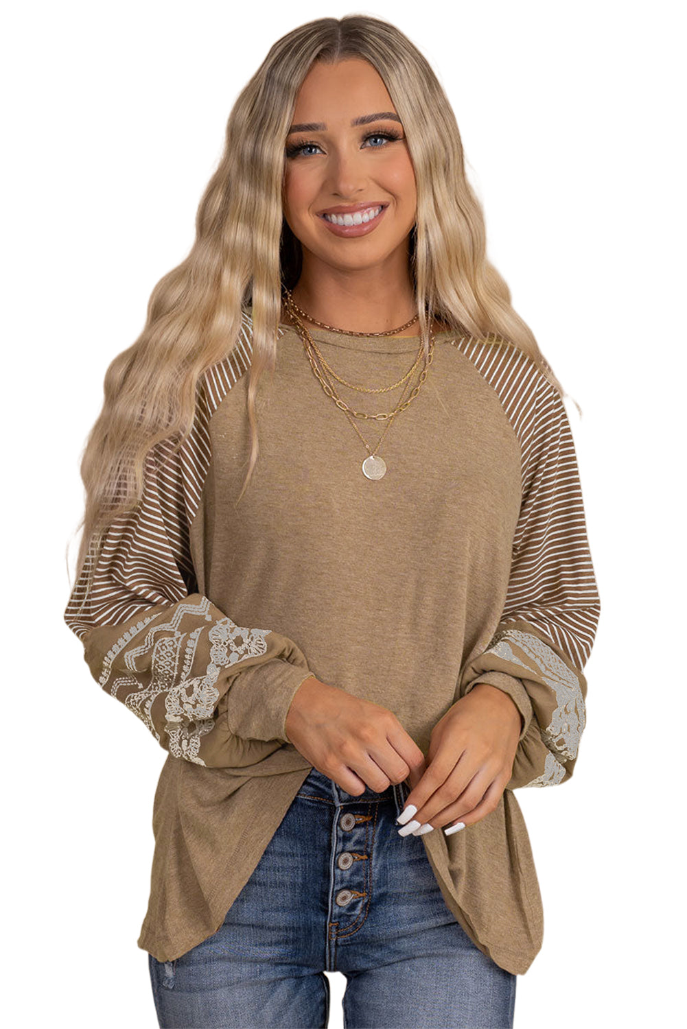 Brown Contrast Print Striped Raglan Long Sleeve Loose Top