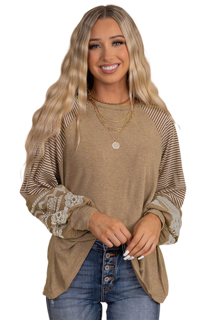 Brown Contrast Print Striped Raglan Long Sleeve Loose Top