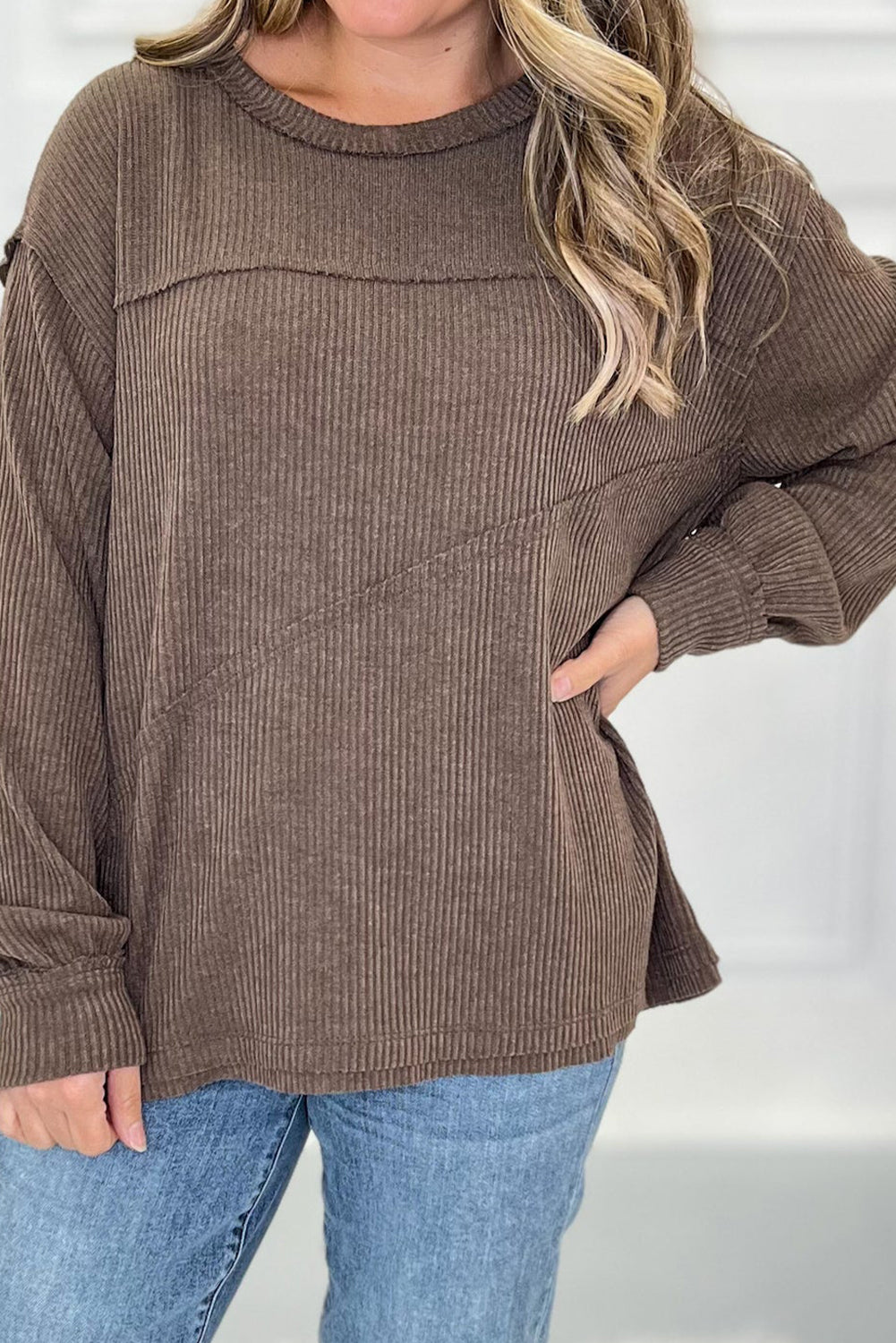 Dark Brown Exposed Seam Detail Ribbed Long Sleeve Top