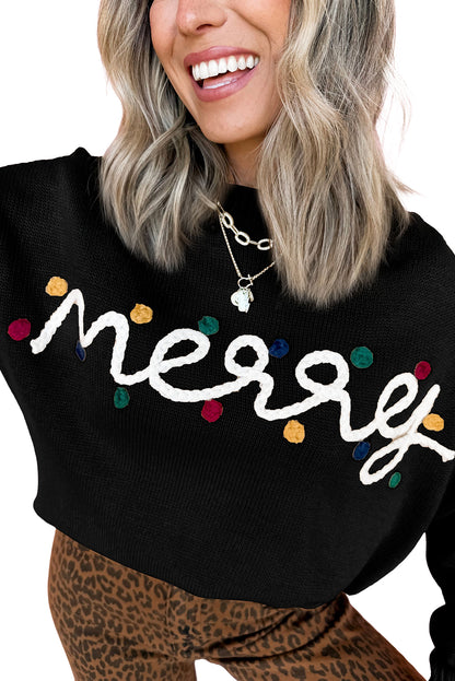 Black Merry Colorful Dot Detail Christmas Dolman Sweater