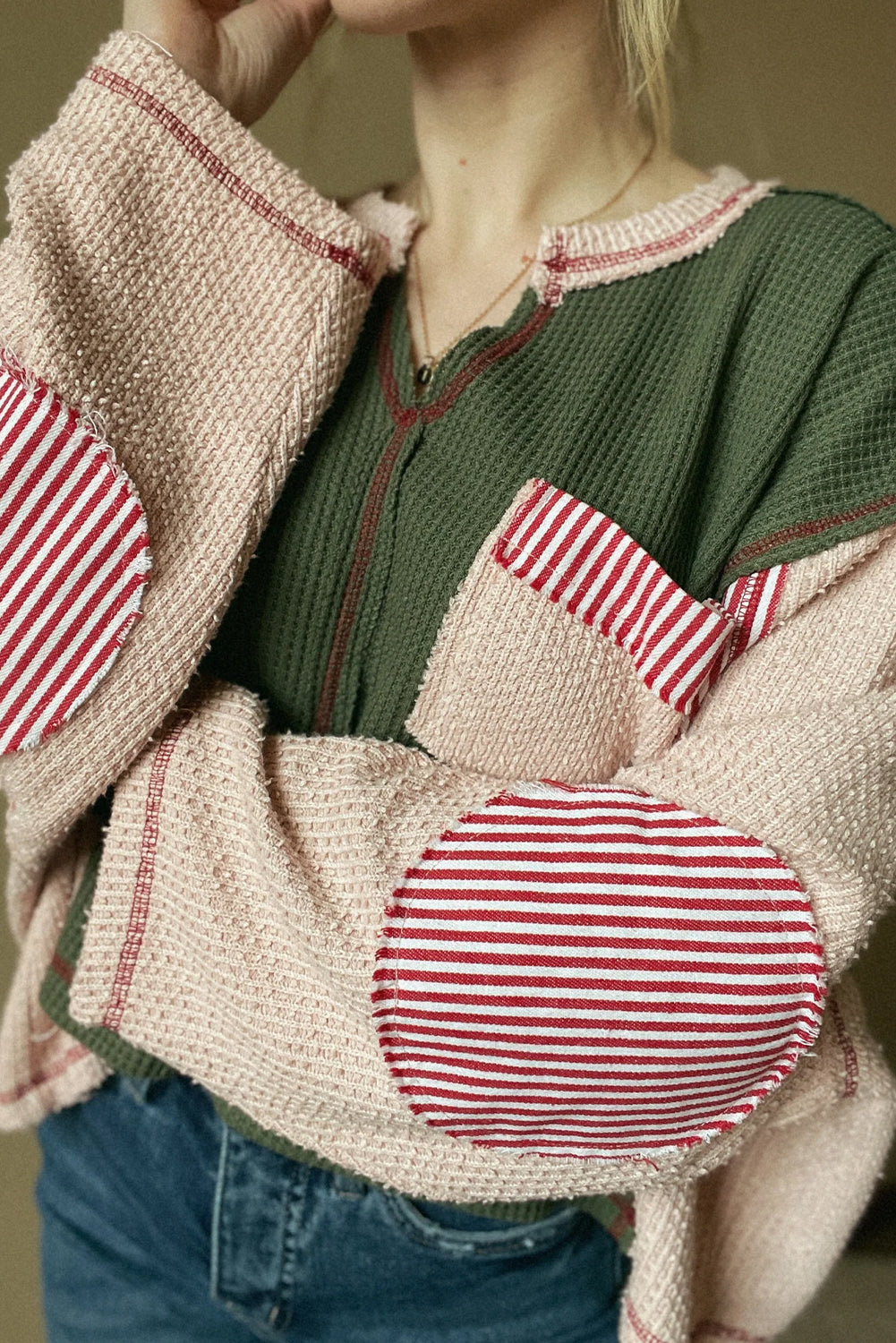 Green Mix Texture Exposed Stitch Color Block Notched Neck Loose Top