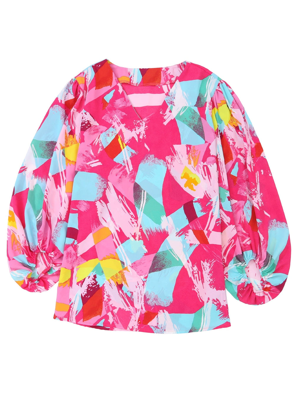 Vibrant Pink Graffiti Print Plus Size Blouse with Puff Sleeves