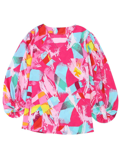 Vibrant Pink Graffiti Print Plus Size Blouse with Puff Sleeves