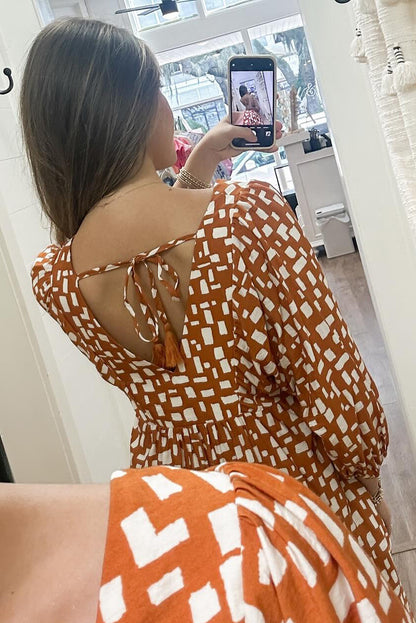 Orange Geometric Pattern Tasseled Lace up V Neck Empire Waist Flowy Short Dress