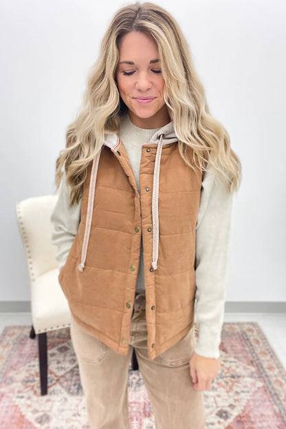 Buckskin Quilted Texture Color Block Hooded Patchwork Snap Button Vest