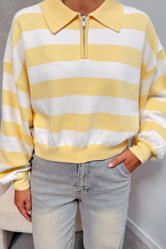 Yellow Stripe Collar Zipped Drop Shoulder Casual Sweater