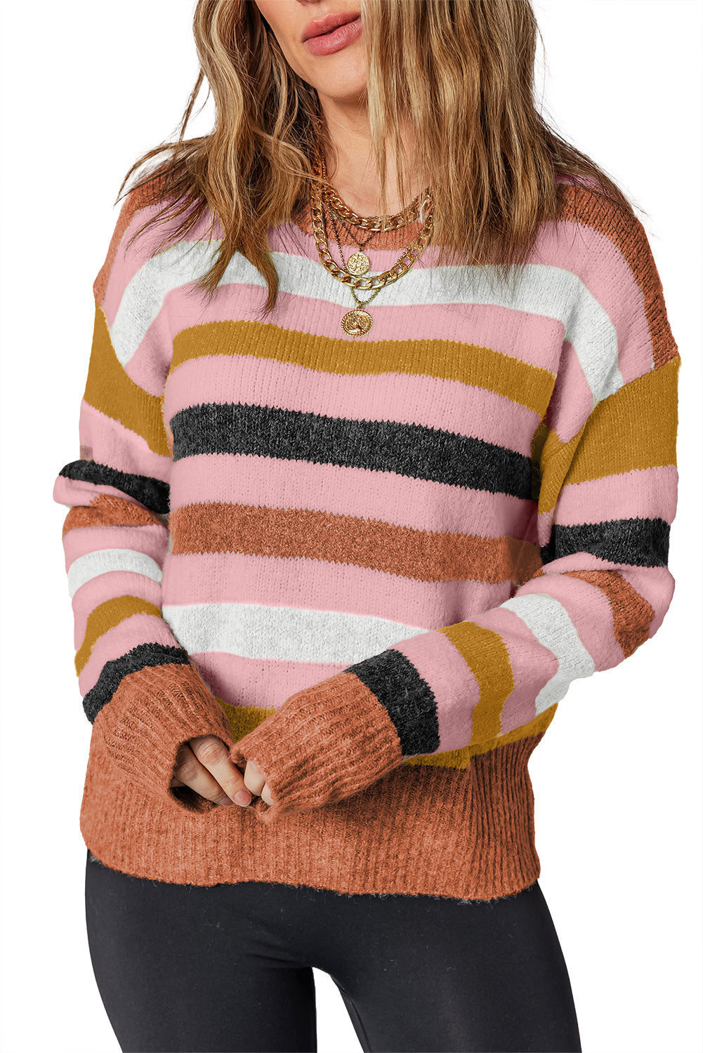 Pink Stripe Drop Shoulder Crew Neck Sweater