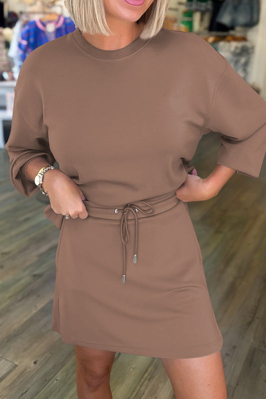 Coffee Solid Color Drop Shoulder Pullover Drawstring Mini Skirt 2pcs Outfit