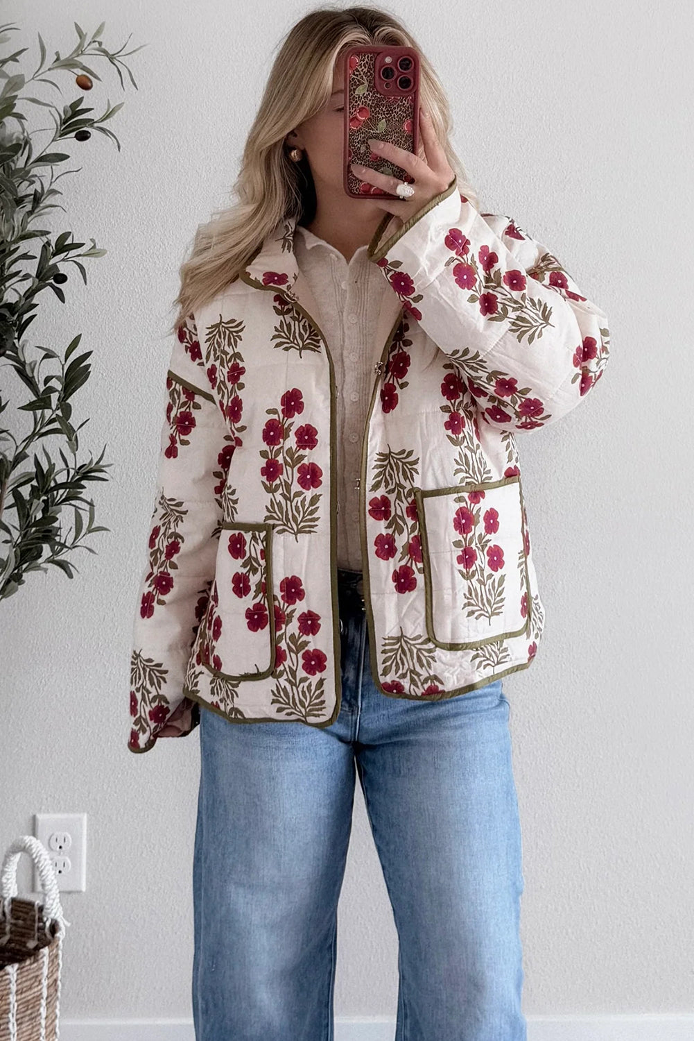 Red Floral Print Contrast Trim Quilted Winter Jacket