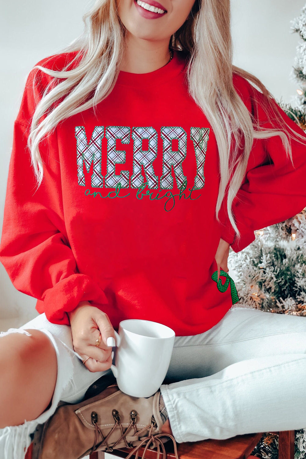 Fiery Red Merry and Bright Plaid Embroidered Letter Graphic Sequin Bow Decor Christmas Sweatshirt