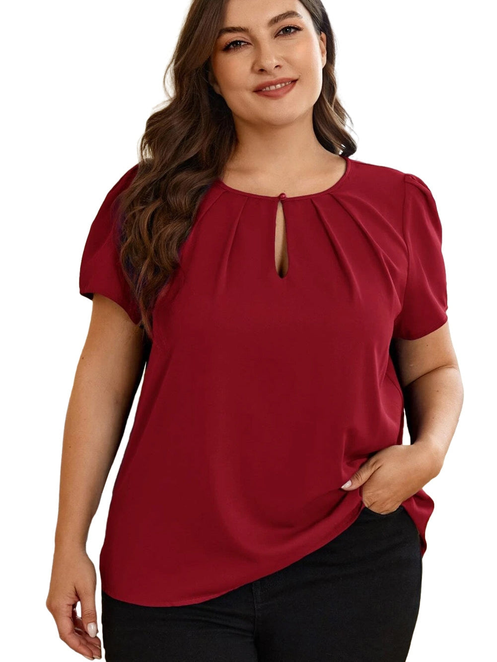Red Dahlia Keyhole Pleated Crew Neck Plus Size T Shirt