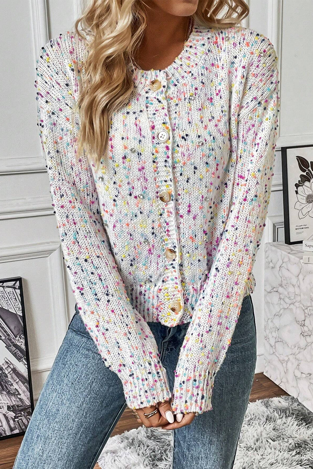 White Rhinestone Decor Multicolor Confetti Sweater Cardigan