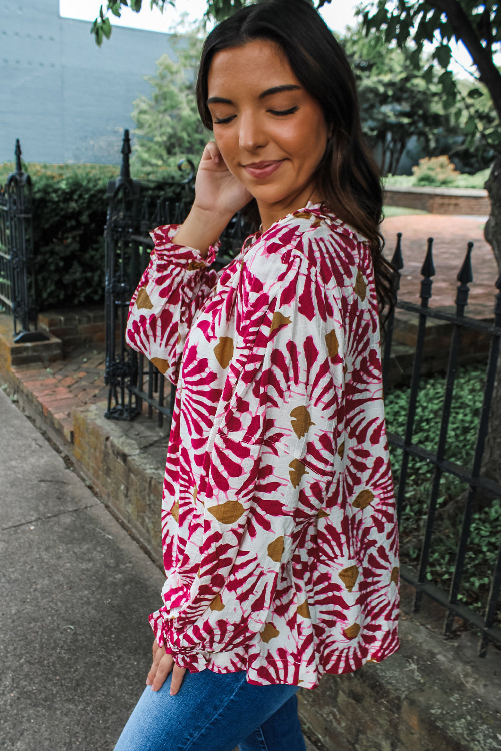 Red Abstract Floral Print Tassel Tie Neck Long Sleeve Blouse