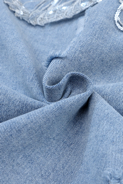 Sky Blue Sequin Embellished Fringe Distressed Denim Jacket