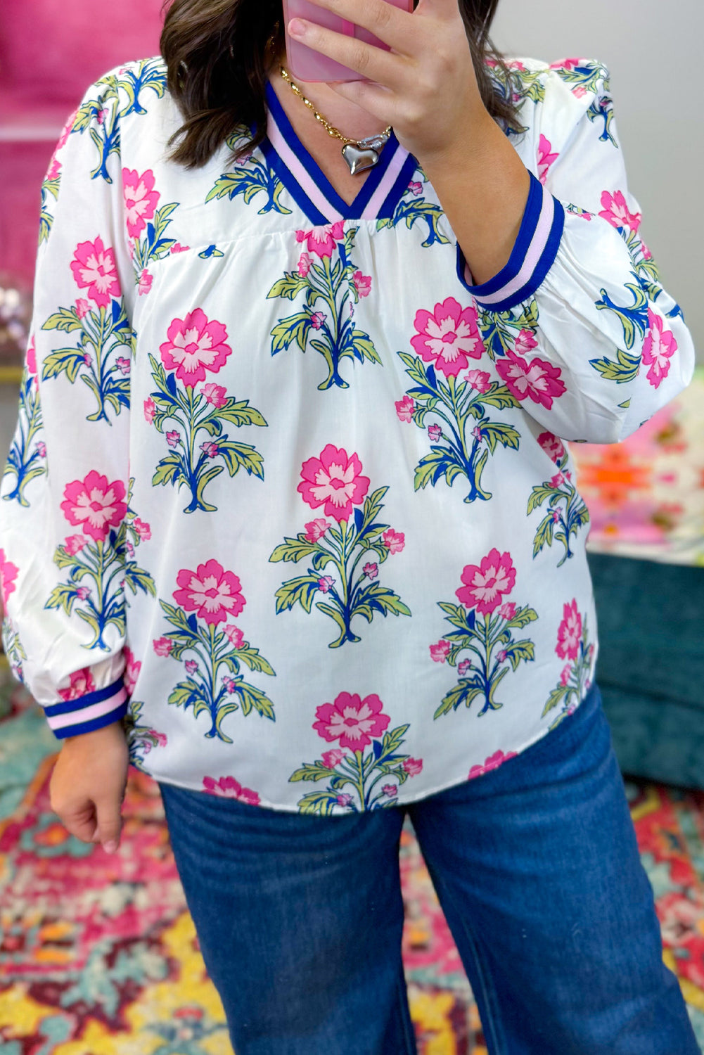 White Plus Size Floral Print Striped Trim V Neck Long Sleeve Blouse