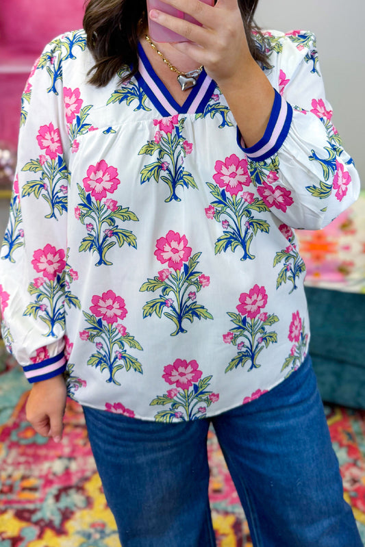 White Plus Size Floral Print Striped Trim V Neck Long Sleeve Blouse