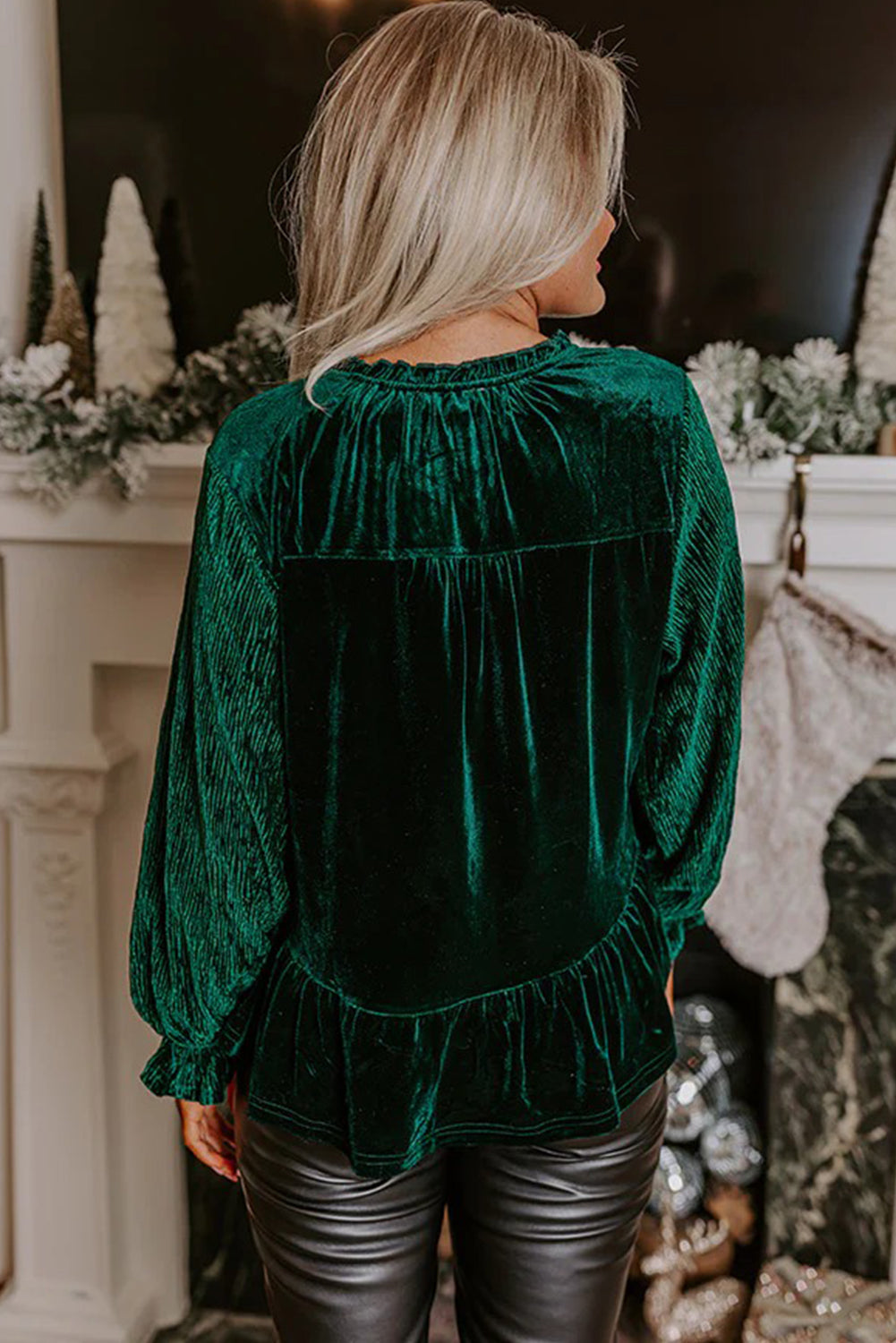 Evergreen Velvet Ribbed Puff Sleeve Tie Split Neck Peplum Blouse