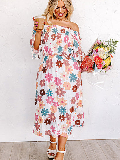 Floral Print Smocked Off Shoulder Plus Size Midi Dress in White