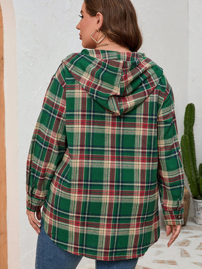 Green Plus Size Plaid Kangaroo Pocket Drawstring Hoodie