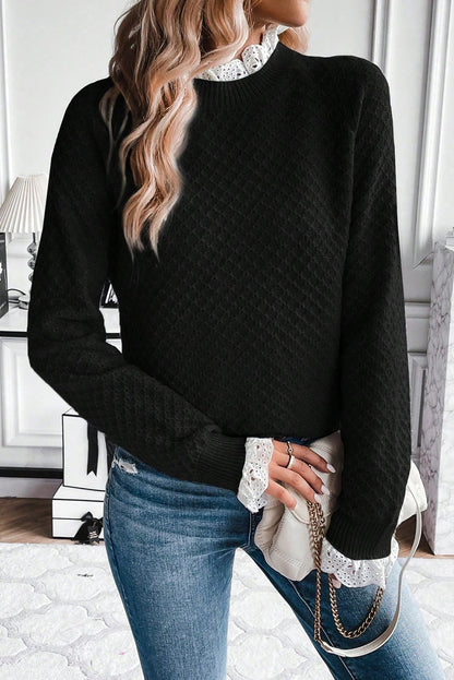 Black  Contrast Lace Frilled Trim Raglan Sleeve Sweater