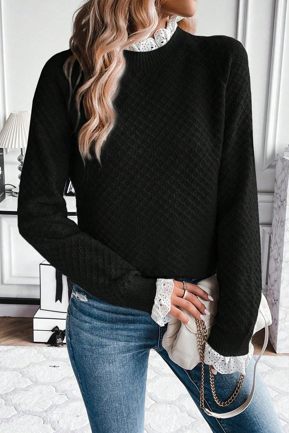 Black  Contrast Lace Frilled Trim Raglan Sleeve Sweater