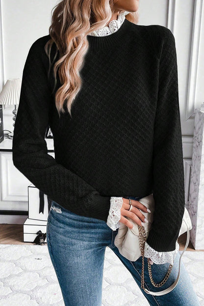 Black  Contrast Lace Frilled Trim Raglan Sleeve Sweater