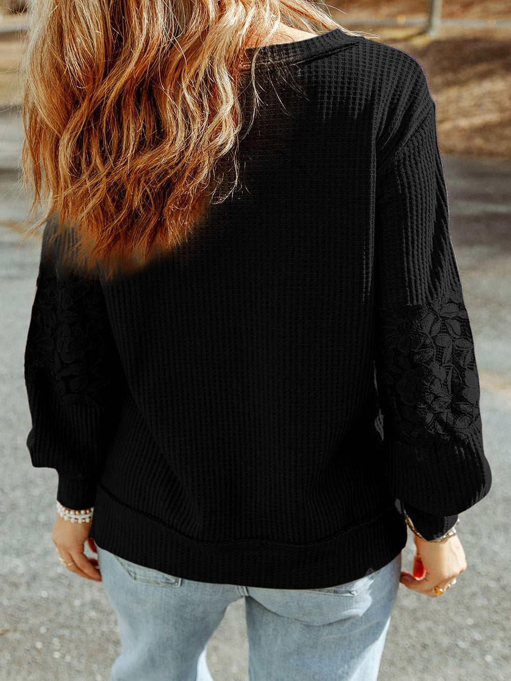 Elegant Black Lace Patchwork V Neck Long Sleeve Knit Top