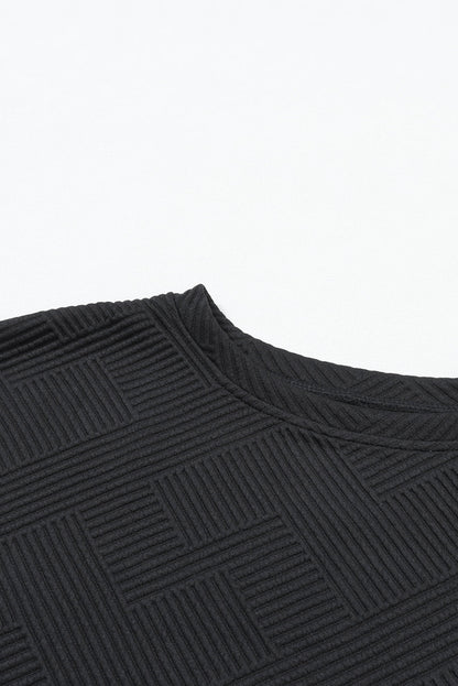 Black Textured Long Sleeve Top and Drawstring Shorts Set