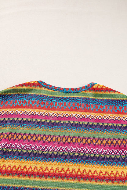 Rose Red Multicolor Jacquard Geo Long Sleeve T Shirt