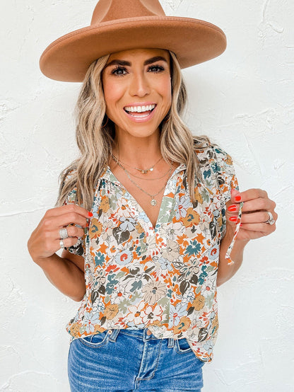 Floral Print Split V Neck Puff Sleeve Blouse