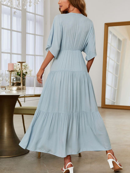 Midi Dresses - Solid Color Splicing Commuting Bat Sleeves Midi Dress - MsDressly