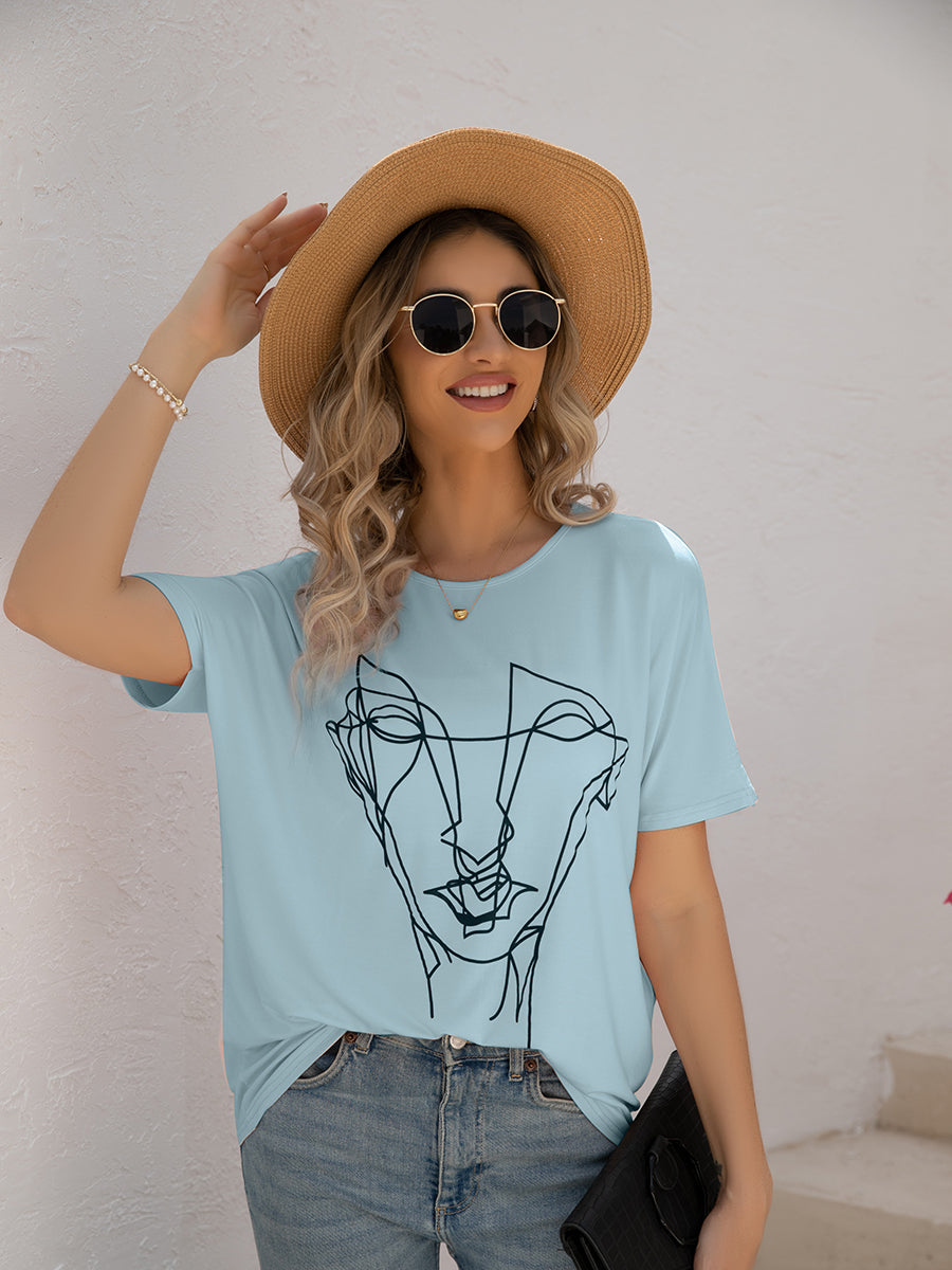 T-Shirts - Loose Printed Dolman Sleeve T-Shirt - MsDressly