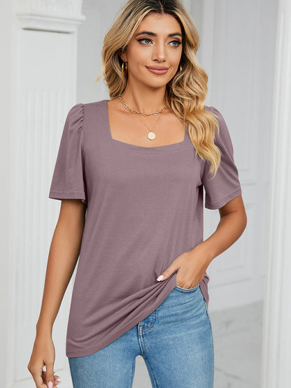 T-Shirts - Solid Square Neck Short Sleeve Loose T-Shirt - MsDressly