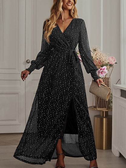 Maxi Dresses - Tie Waist Slit V Neck Long Sleeved Maxi Dress - MsDressly