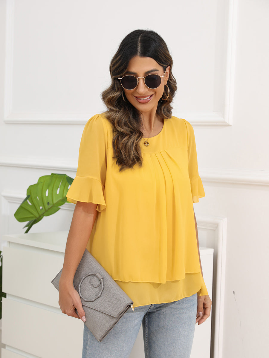 Blouses - Solid Color Round Neck Short Sleeve Pleated Chiffon Blouse - MsDressly