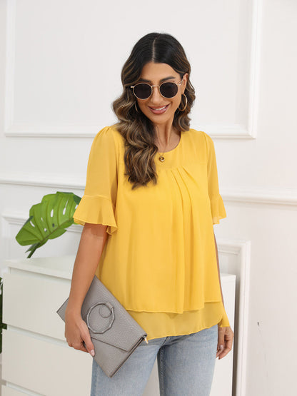 Blouses - Solid Color Round Neck Short Sleeve Pleated Chiffon Blouse - MsDressly