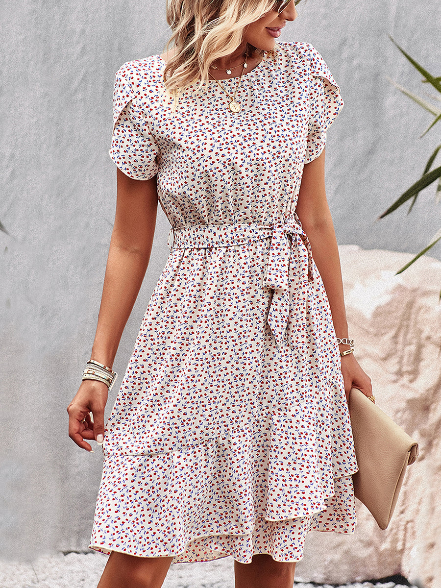 Mini Dresses - Temperament Floral Casual Strap Waist Round Neck Mini Dress - MsDressly