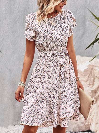 Mini Dresses - Temperament Floral Casual Strap Waist Round Neck Mini Dress - MsDressly