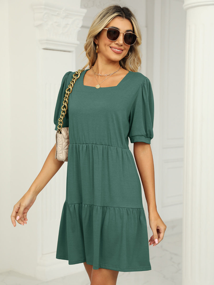 Mini Dresses - Solid Color Square Neck Short Sleeve Loose Stitching Mini Dress - MsDressly