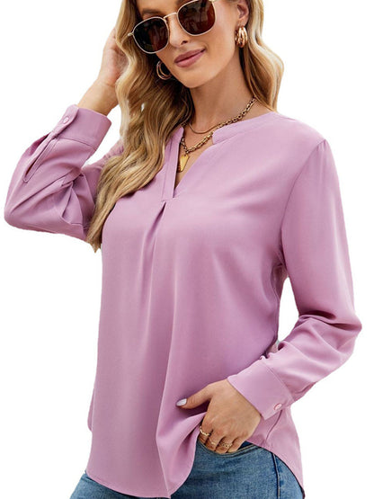 T-Shirts - Solid Color Chiffon Loose V-Neck Long Sleeve T-Shirt - MsDressly