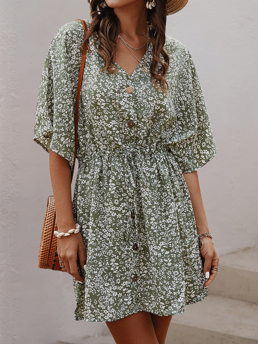 Mini Dresses - V-Neck Single-Breasted Button Printed Pattern Floral Mini Dress - MsDressly