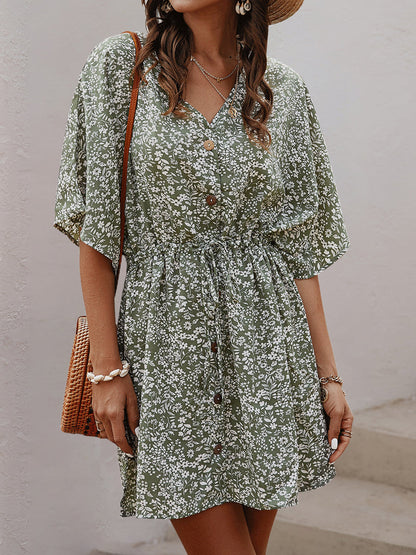 Mini Dresses - V-Neck Single-Breasted Button Printed Pattern Floral Mini Dress - MsDressly