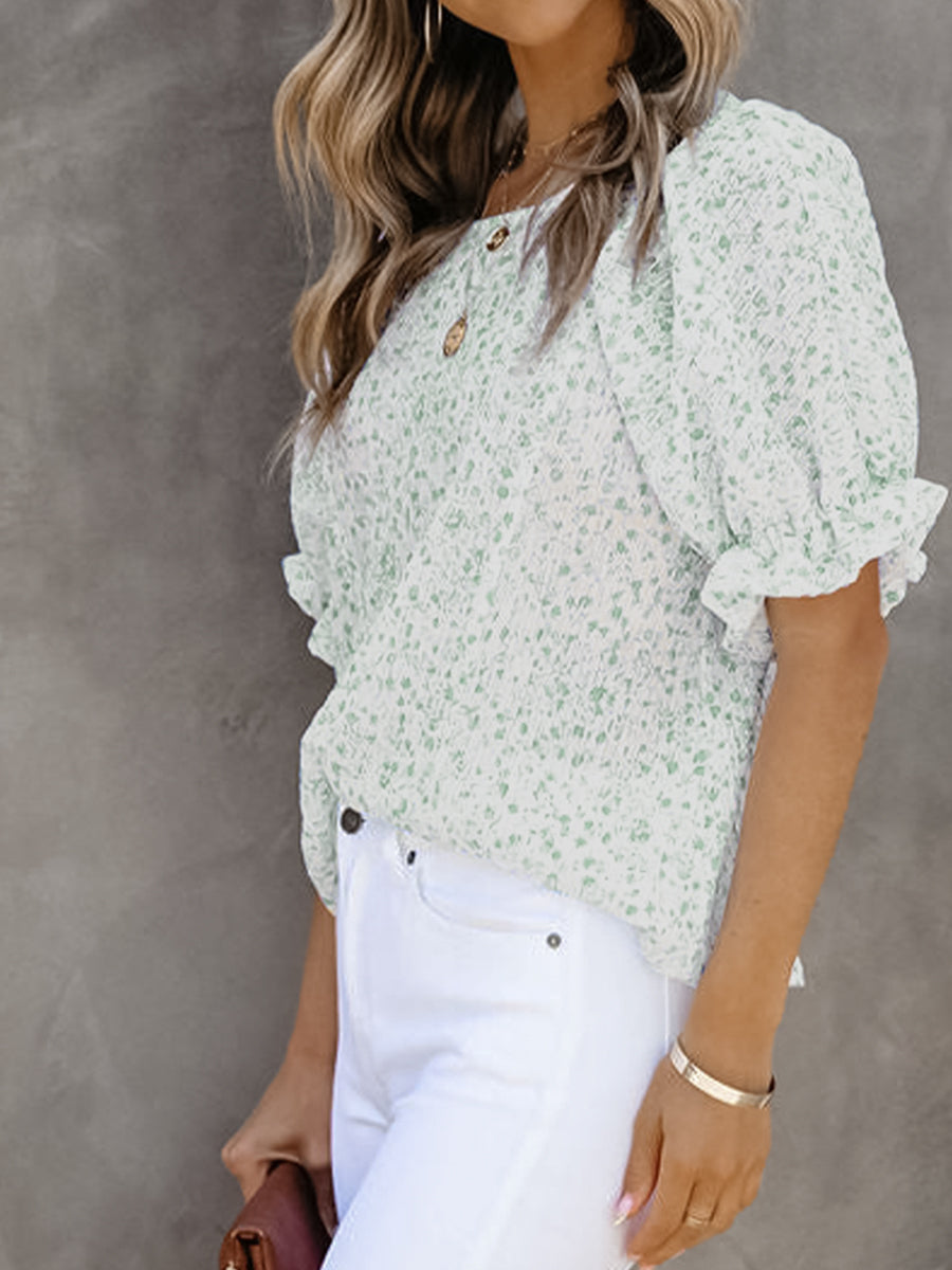 T-Shirts - Printed Round Neck Puff Sleeve T-Shirt - MsDressly