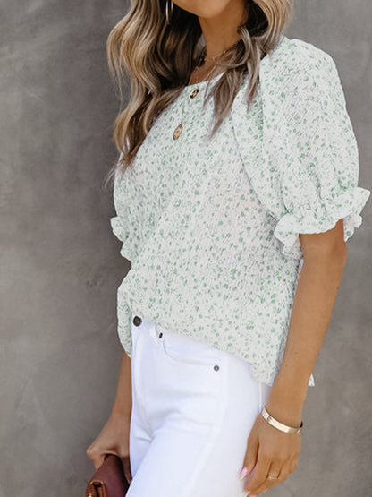 T-Shirts - Printed Round Neck Puff Sleeve T-Shirt - MsDressly