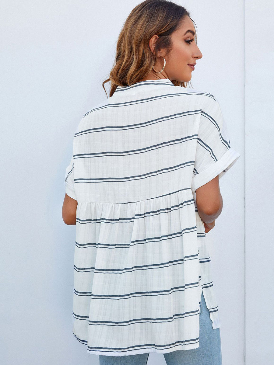 Blouses - V-Neck Thin Loose Plaid Short-Sleeved Blouse - MsDressly