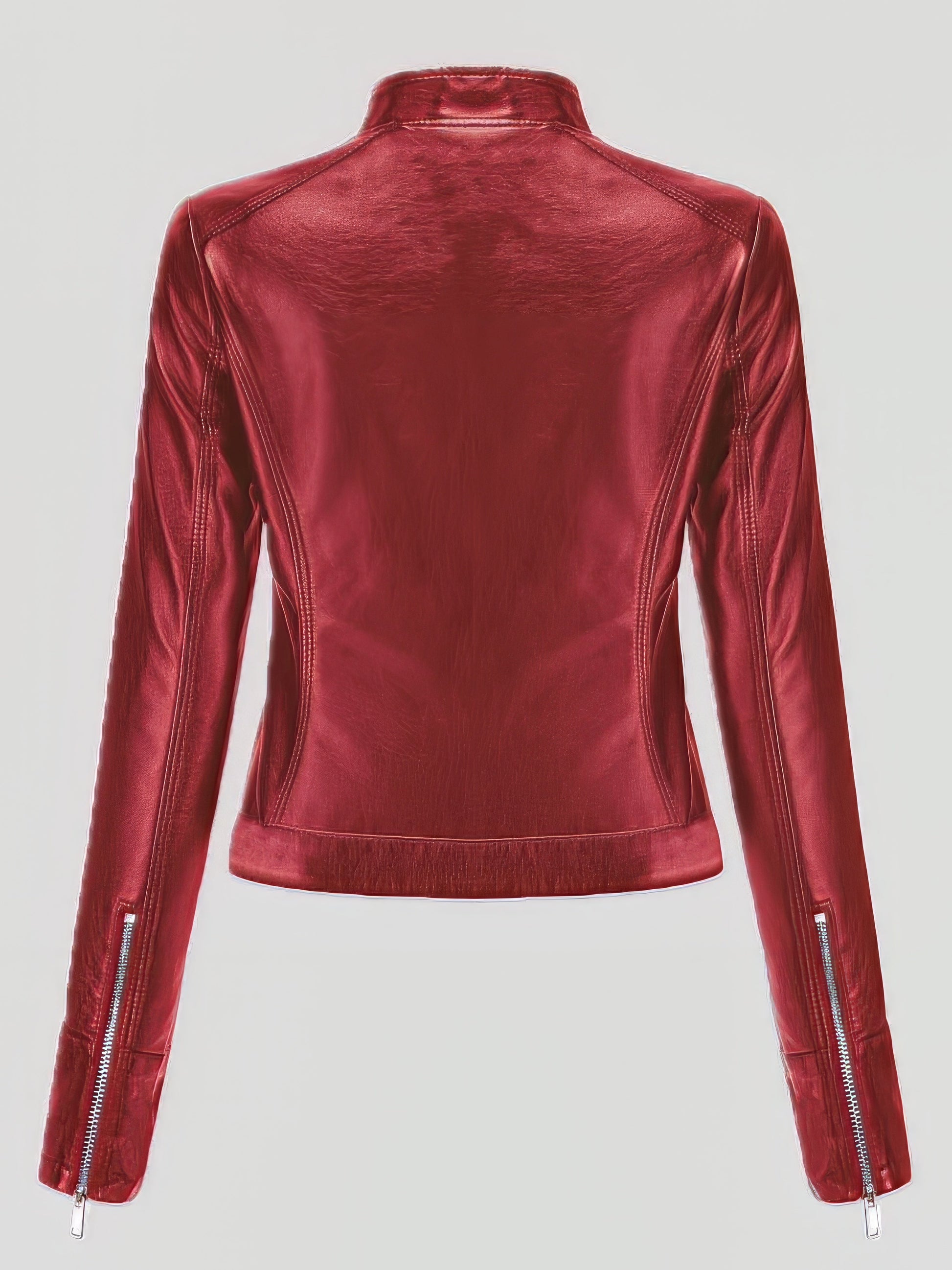 Jackets - Short Stand-Up Collar Zipped Leather Jacket - MsDressly