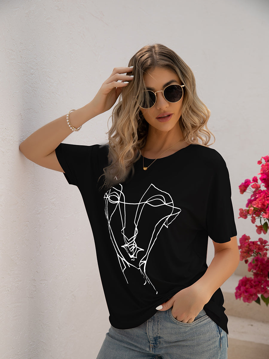 T-Shirts - Loose Printed Dolman Sleeve T-Shirt - MsDressly