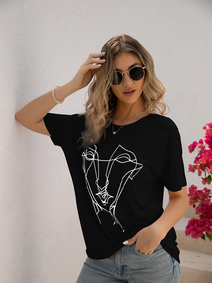 T-Shirts - Loose Printed Dolman Sleeve T-Shirt - MsDressly